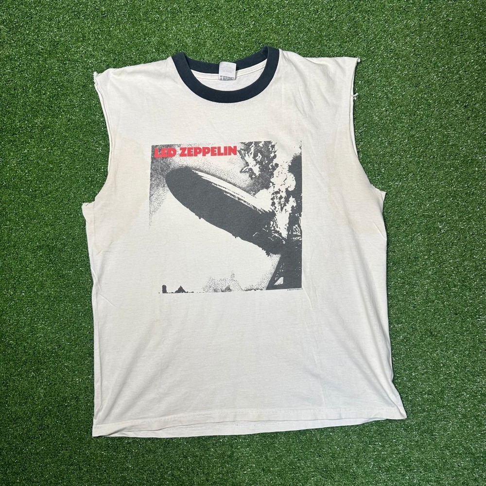 Vintage 2003 Led Zeppelin Hindenburg Graphic Muscle Tee Ringer Tank Cream Large